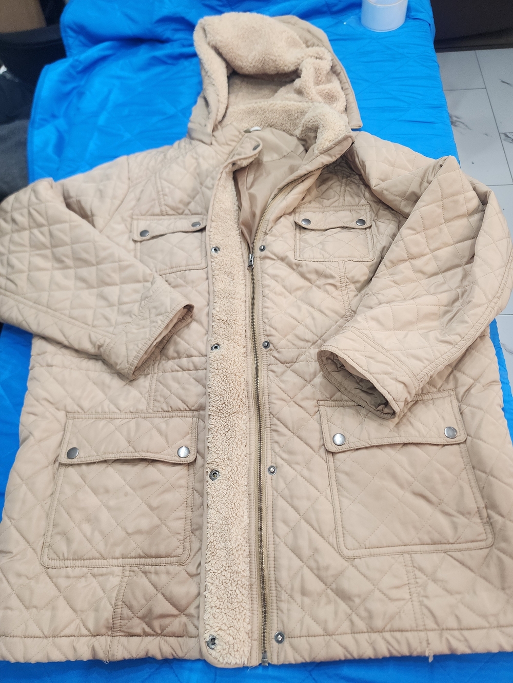 CJ Banks Quilted Lightweight Hooded Coat in Beige